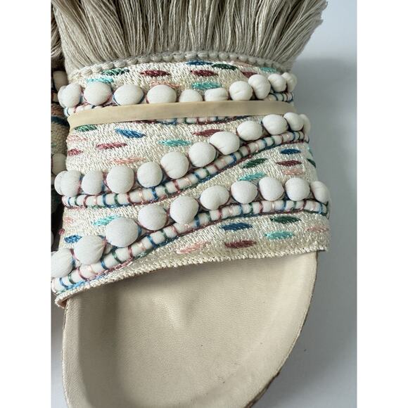 Chloé Nolan Tapestry Fringe Slides Sandals Size 36 Beige Boho Raffia Beaded Trim - Picture 11 of 14